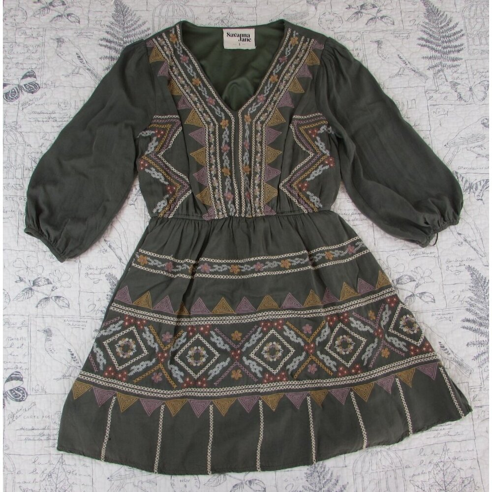 EUC Savanna Jane Dress Olive  Embroidered Tribal Boho Peasant Bloomcore small S